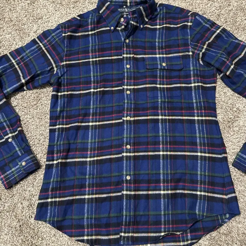Polo Ralph Lauren Mens M Blue Plaid Flannel Long Sleeve Shirt Warm 100% Cotton